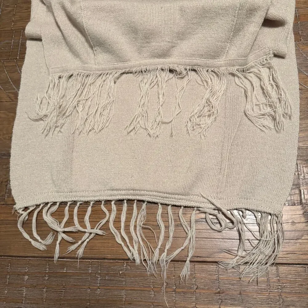Dual Pocket Shawl Scarf Oatmeal Beige Knit Wrap Fringe Trim 62